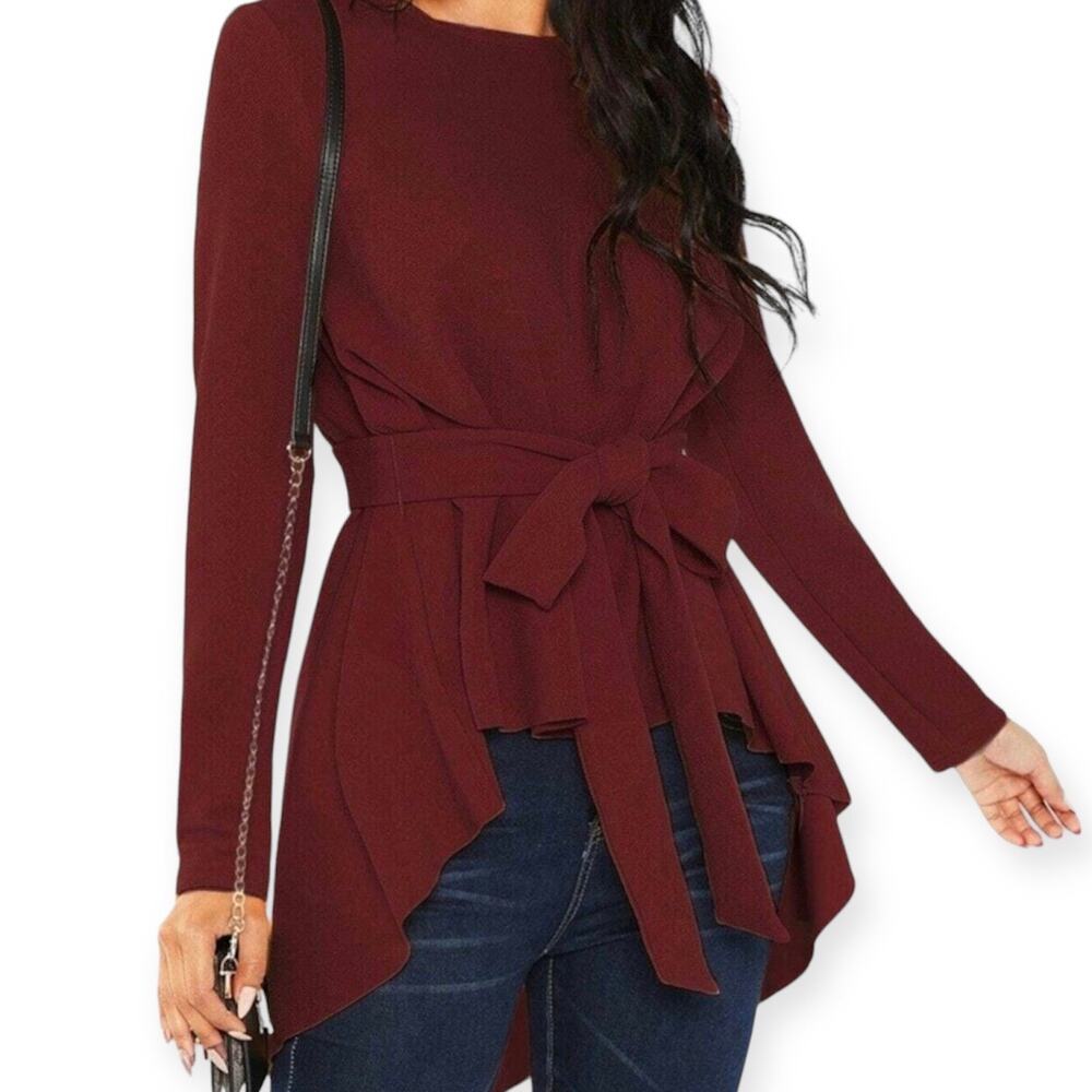 Shein Clasi Self Belted Asymmetrical Hem Top Burgundy Women’s Small